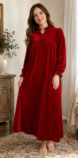 Vintage Red Velour Nightgown‎ Women Medium Quilted Ruffle Zip Long Sleeve Appel Photo 0