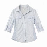 Light Blue Pinstripe Button Up Shirt Roll Sleeve Relaxed Fit Coastal Casual L Photo 0