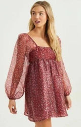 Altar'd State Women's Balloon Sheer Sleeves Floral Janey‎ Dress Burgundy Medium Photo 0