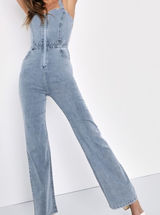 Movin' and Groovin' Light Wash Zip-Front Tie-Back Jumpsuit Photo 0