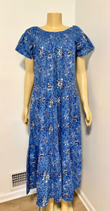 Guadalupe‎ Design Blue Floral Cotton Smocked Maxi Dress Short Sleeve Tiered Boho Photo 0