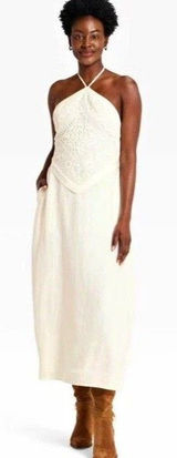 A New Day White Halter Backless Maxi Dress with Crochet Lace Detail, Size L Photo 0