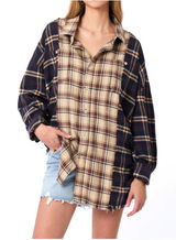 UNITED LOVERS Dove Oversized Plaid Shirt in Navy & Brown - Vintage Wash - M/L Photo 0