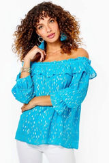 Lilly Pulitzer CeeCee Turquoise Oasis Metallic Off-Shoulder Blouse Shirt Top Photo 0