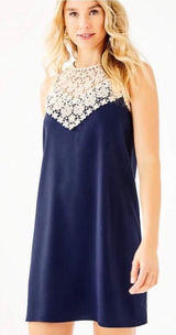 Lilly Pulitzer Navy Nala Shift Dress 4 Gold Crochet Lace Neckpiece Preppy Summer Photo 0