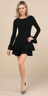NEW Lulus Women Witchy Dress Small Black Bell Tiered Mini Bodycon‎ Party LBD Photo 0