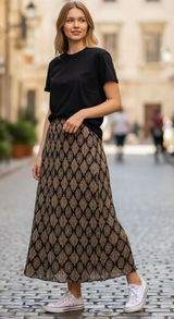 Lane Bryant Black Tan Geometric Diamond Pleated Maxi Skirt Elastic‎ Waist Large Photo 0