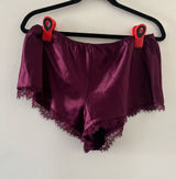 Victoria's Secret Burgundy Purple Satin Pajama Shorts Medium Lace Trim Sleepwear Photo 0