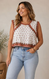 Free People Matty Printed Crop Tank Top Ivory Red Orange Geometric XL Photo 0