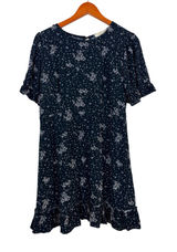 Rewind Womens L Black White Ditsy Floral Ruffle Hem Short Sleeve Mini Dress Photo 0