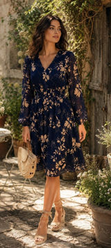 Simplee‎ NWT Navy Blush Floral Chiffon Dress Size Large Long Sleeve Boho Photo 0