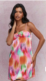 Missguided Rainbow Watercolor Slip Dress Barbiecore Abstract Print Y2K Photo 0