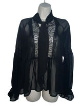 Free People Women Sheer Lace Detail Long Sleeve Tie Neck Blouse Top Black XS Photo 0