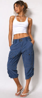 Y2K Linen Cargo Capri Blue Utility Boho Cropped Pants Sz L Button‎ Fly Wide Leg Photo 0