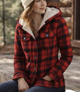 LL Bean Red Buffalo Plaid Fleece Lined‎ Flannel Hooded Shirt Jacket Shacket XS Photo 0
