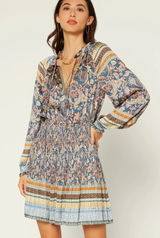 Current Air Bohemian Paisley Floral Printed Pleated Long Sleeve Mini Dress Photo 0