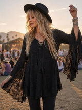 Altar'd State Black Embroidered Boho Tunic Medium Bell Sleeve Lace Top Festival Photo 0