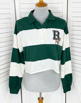 Disney Bambi Y2K Rugby Stripe‎ Cropped Polo Shirt Green White Small Long Sleeve Photo 0