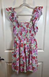 Entro Floral Smocked Mini Dress | Pink Ruffle Flutter‎ Sleeve Square Neck Large Photo 0