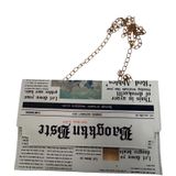Befet Bay Newspaper Print‎ Envelope Clutch Crossbody Bag Gold Chain White Black Photo 0