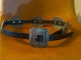 ANGRY SNAKE Western Black & Pewter Carved Concho Vegan Leather Belt Photo 0