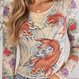 Miami Ink Tattoo Print Mesh Top Tan Koi Fish Floral Long Sleeve Y2K Slim XS/S Photo 0