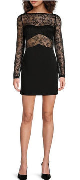 Chelsea & Violet Knit Sheer Lace Boat Neck‎ Long Sleeve Bodycon Mini Dress M Photo 0