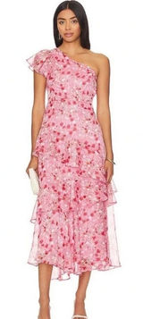 ASTR the Label Revolve One-Shoulder Pink Floral Ruffle Tiered Midi Dress Size M Photo 0
