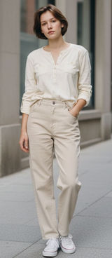 Lauren Ralph‎ Lauren Henley Top Women M Cream Roll Tab Sleeve Coastal Minimalist Photo 0