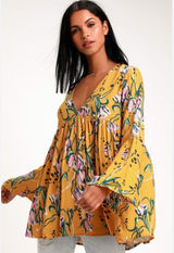 Free‎ People Mustard Yellow Floral Bell Sleeve Babydoll Tunic Top Boho Small Photo 0