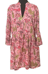 Jude Connally Faith Dress LG Pink Gold Floral Cotton Voile Babydoll Boho Resort Photo 0