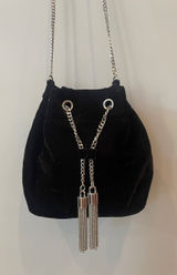 Black Velvet Drawstring Bucket Bag with Silver Chain Tassels Photo 0