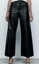 ZARA Leather Pants High-Rise Wide-Leg Black Faux Photo 0
