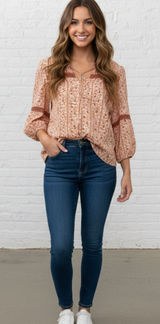 Boho Peasant Blouse M Floral Crochet Lace Tie Neck 3/4 Puff Sleeve Festival Photo 0
