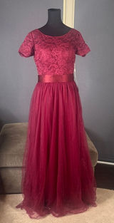 Women’s Full Length Burgundy Prom Bridesmaid Dress Short Sleeve Zip Back Size 10 Photo 0