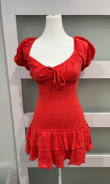Sky to Moon Red orange Mini Dress Puff‎ Sleeve Tiered Ruffle Small NEW Photo 0