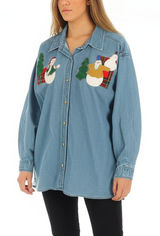 Vintage Christmas Denim Button Up Shirt Womens 2X Blue Holiday Embroidered Snow Photo 0