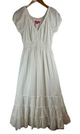 Betsey Johnson White Swiss Dot Midi Dress Smocked Waist Tiered Ruffle Milkmaid M Photo 0