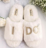 Dearfoams Women's Lane Bridal I Do Fuzzy Slide Slipper - Alabaster Size M 7/8 Photo 0