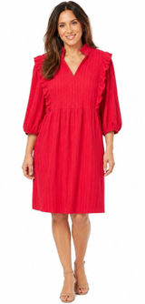 Womens Red Ruffle Shoulder‎ Dress Textured Puff Sleeve XL Photo 0