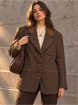 Vintage Express Wool Plaid Blazer Leather Collar Equestrian 90s L Photo 0