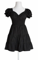 Princess Polly Black Mini Dress Size 10 Milkmaid Smocked Puff‎ Sleeve Tiered Photo 0
