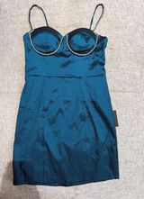 Lulus Teal Satin Mini Dress w/ Pearl Trim Photo 0