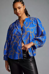 Maeve Anthropologie Blue Chain Print Balloon Sleeve Button Front Blouse XL Photo 0