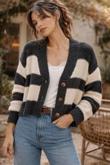 Prómesa Gray Cream Striped Chunky Knit Cardigan Sweater Boho Cozy Size S Photo 0