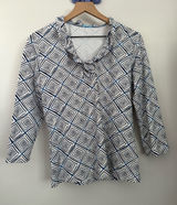 Aritzia J.Mclaughlin Medium Geometric 3/4 Sleeve Blouse Catalina Cloth Blue White Office Photo 0