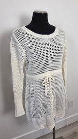 Ivory Cream Loose Knit Swim Cover Up Long Sleeve Sheer Cottagecore Beach Boho L Photo 0