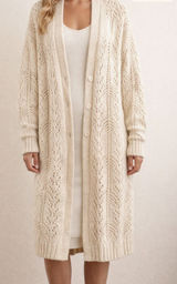 AMS Pure Long Sleeve Duster Maxi Wool Blend Cardigan Sweater Cream 6 Photo 0