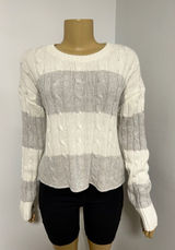 Aeropostale Womens Cable Knit Striped Sweater Cream Grey Crew Neck Pullover L Photo 0
