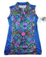 Pickleball Bella Womens Groovy Sleeveless 1/4‎ Zip Athletic Top Blue Multi Small Photo 0